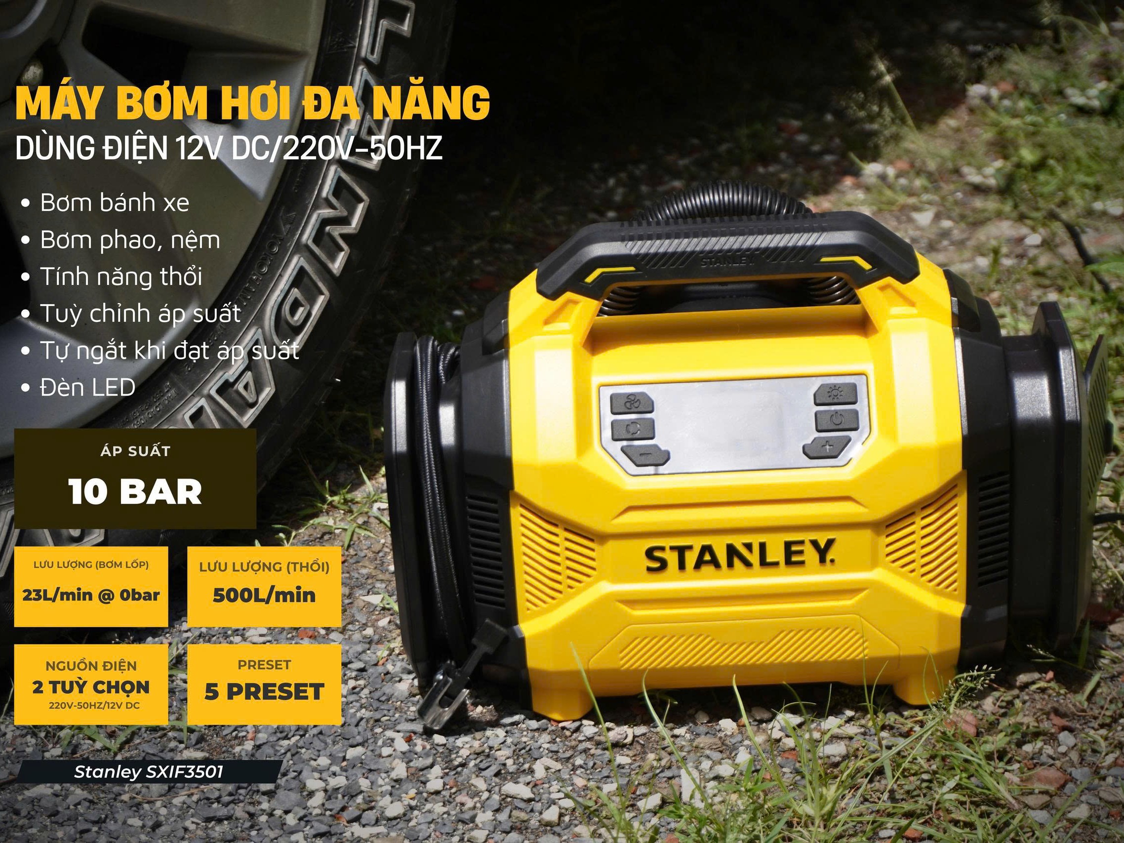 Máy bơm hơi đa năng dùng điện 12V/220V Stanley SXIF3501