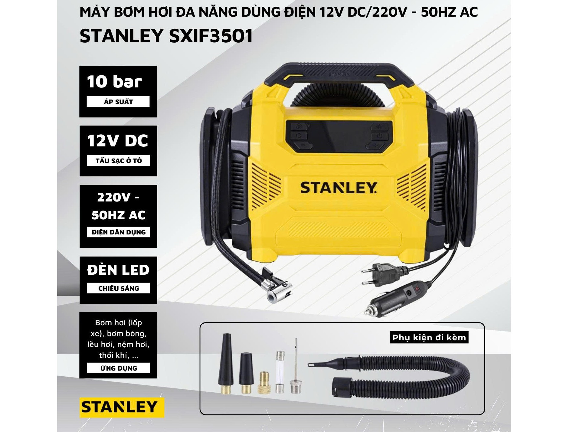 Máy bơm hơi đa năng dùng điện 12V/220V Stanley SXIF3501