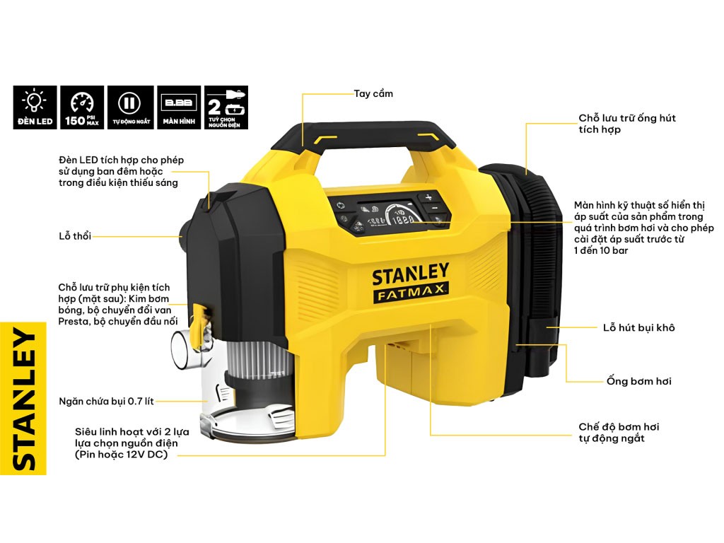 Máy bơm hơi đa năng dùng pin kèm tính năng thổi và hút bụi Stanley SXVI02001A (1 pin và sạc)