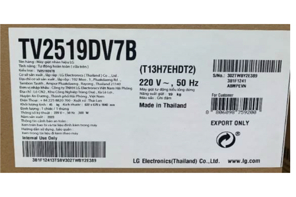 Máy giặt LG AI DD Inverter 19 kg TV2519DV7B