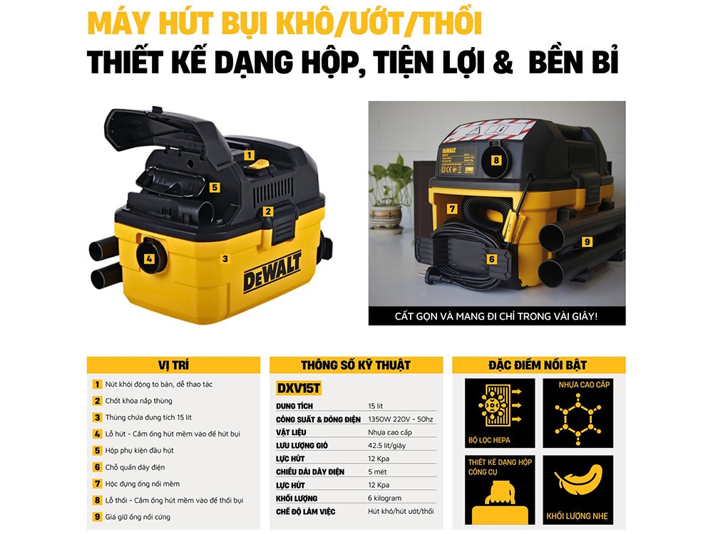 Máy hút bụi 3 chức năng 15L Dewalt DXV15T