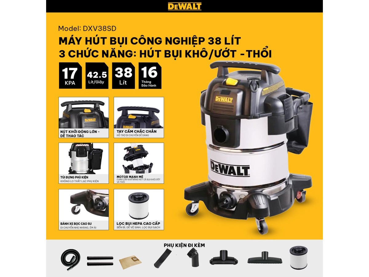Máy hút bụi công nghiệp 3 chức năng 38 lít Dewalt DXV38SD