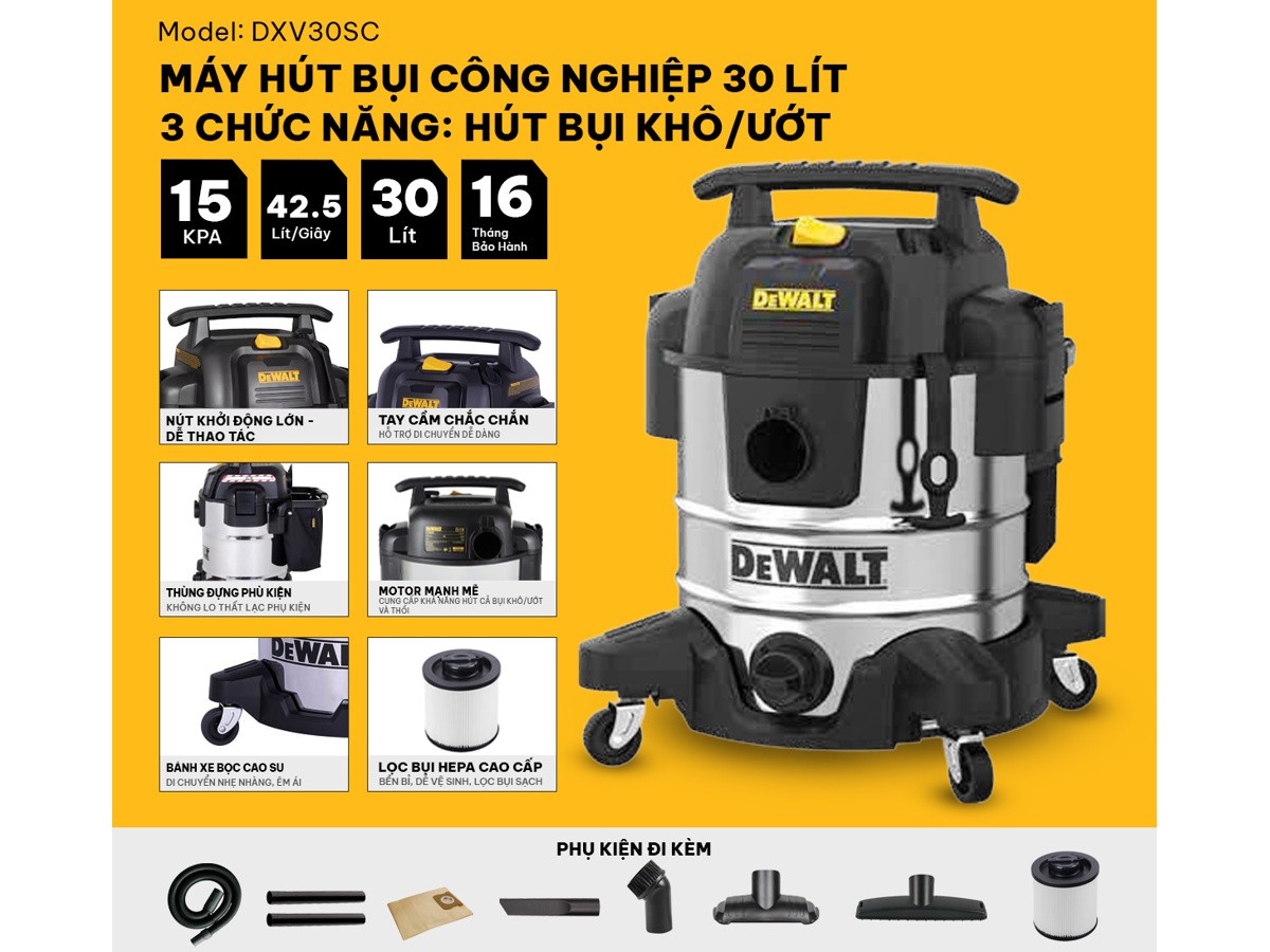 Máy hút bụi công nghiệp 3 chức năng Dewalt DXV30SC - 30 lít