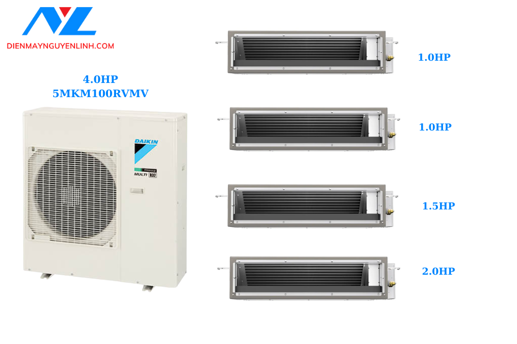 Combo Multi NX Daikin 5MKM100RVMV + 4 Dàn Lạnh Giấu Trần Nối Gió CDXP50RVMV – CDXP25RVMV × 2 – CDXP35RVMV – Giải Pháp Điều Hòa Đa Vùng