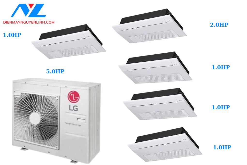 Combo điều hòa Multi LG 1 D.Nóng 5 Hp, 5 Dàn Lạnh Âm Trần 1 Hướng Thổi