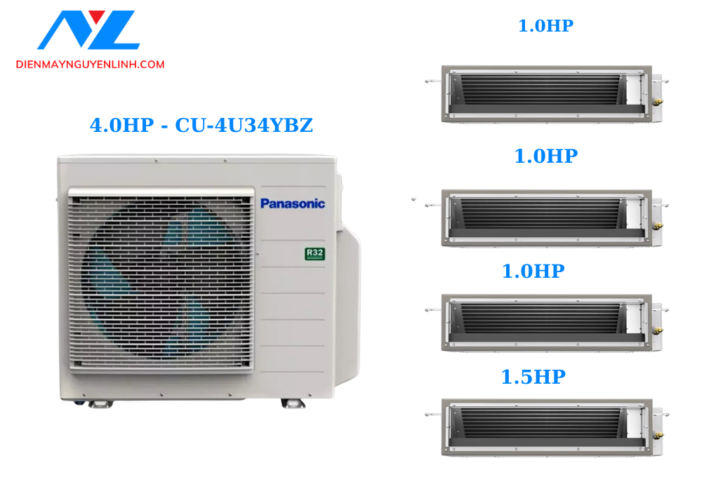 Combo Multi Panasonic Inverter 1 Dàn Nóng 4 Hp + 4 Dàn Lạnh Nối Ống Gió 1 Hp-1.5 Hp