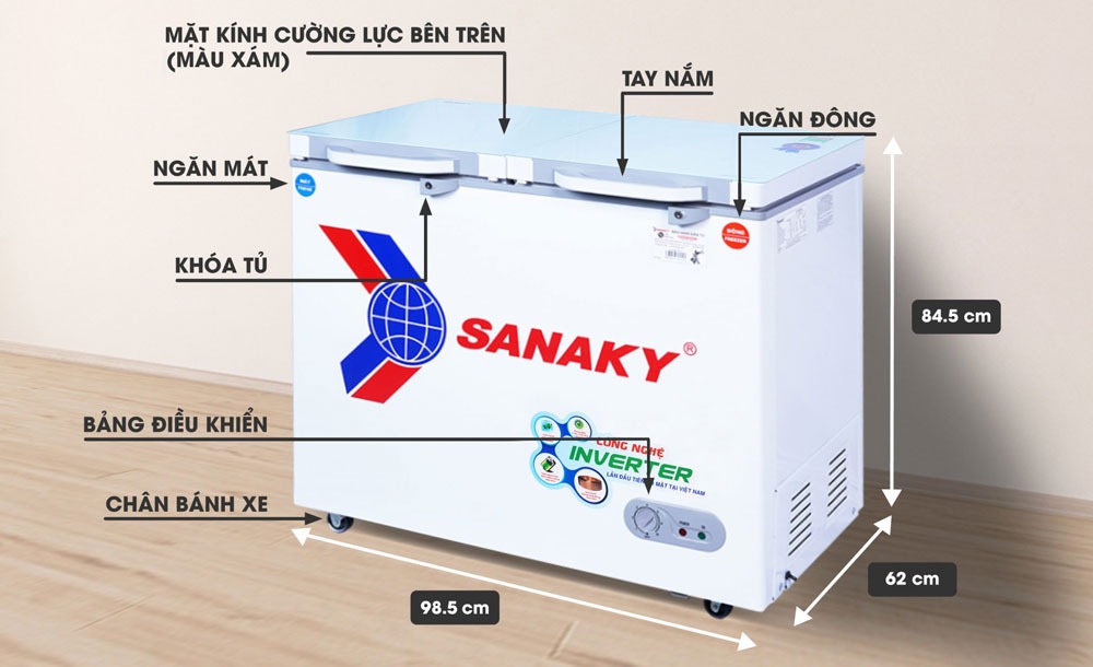 Tủ đông Sanaky Inverter VH-2599W4KD cánh kính cường lực màu xanh ngọc