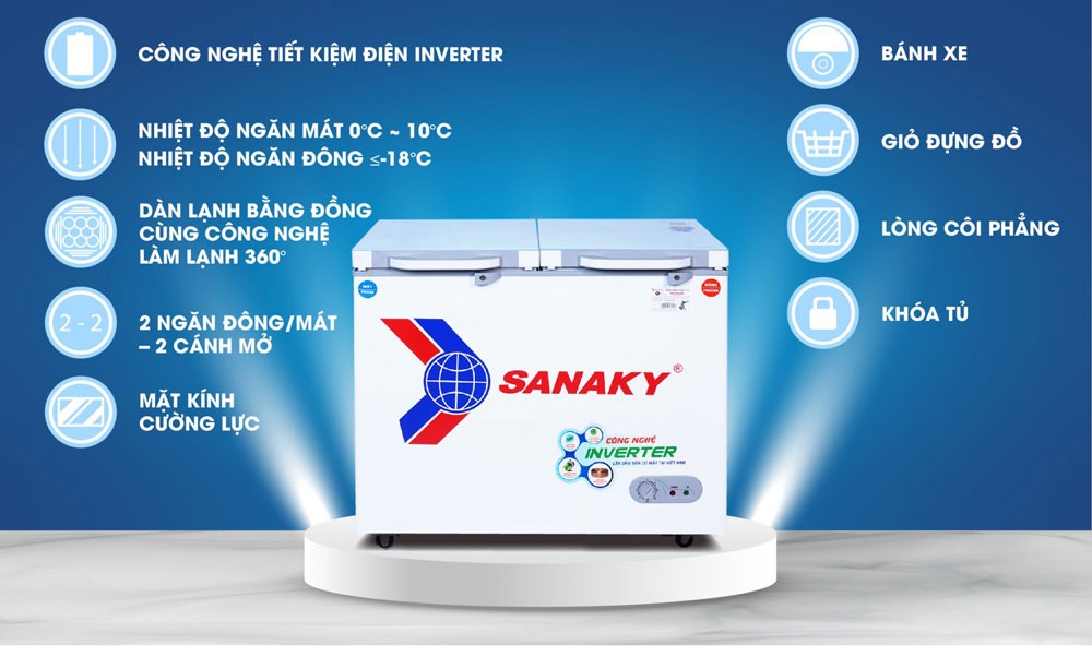 Tủ đông Sanaky Inverter VH-2599W4KD cánh kính cường lực màu xanh ngọc