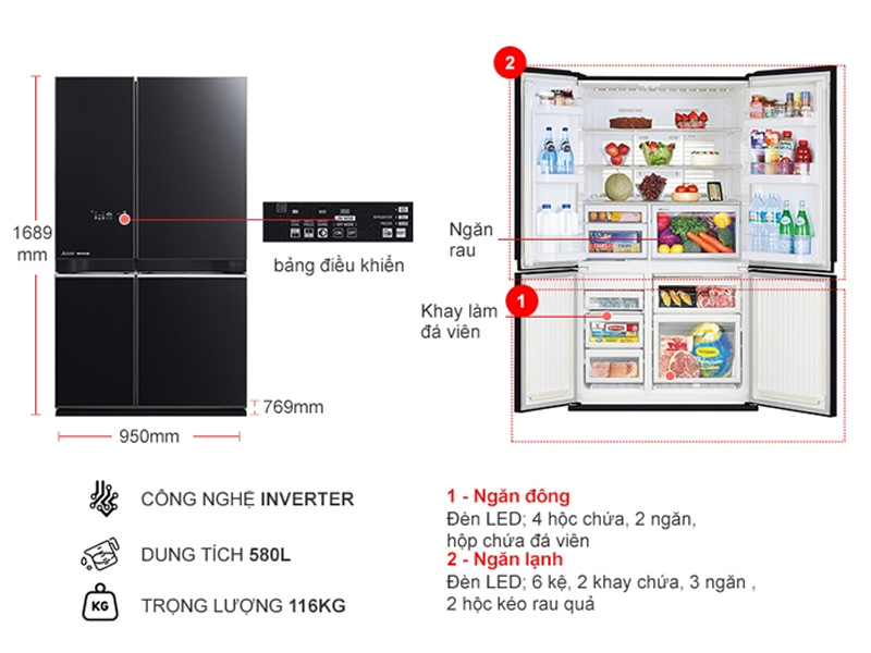MR-LA72ER-GBK - Tủ lạnh Mitsubishi Electric Inverter 580 lít