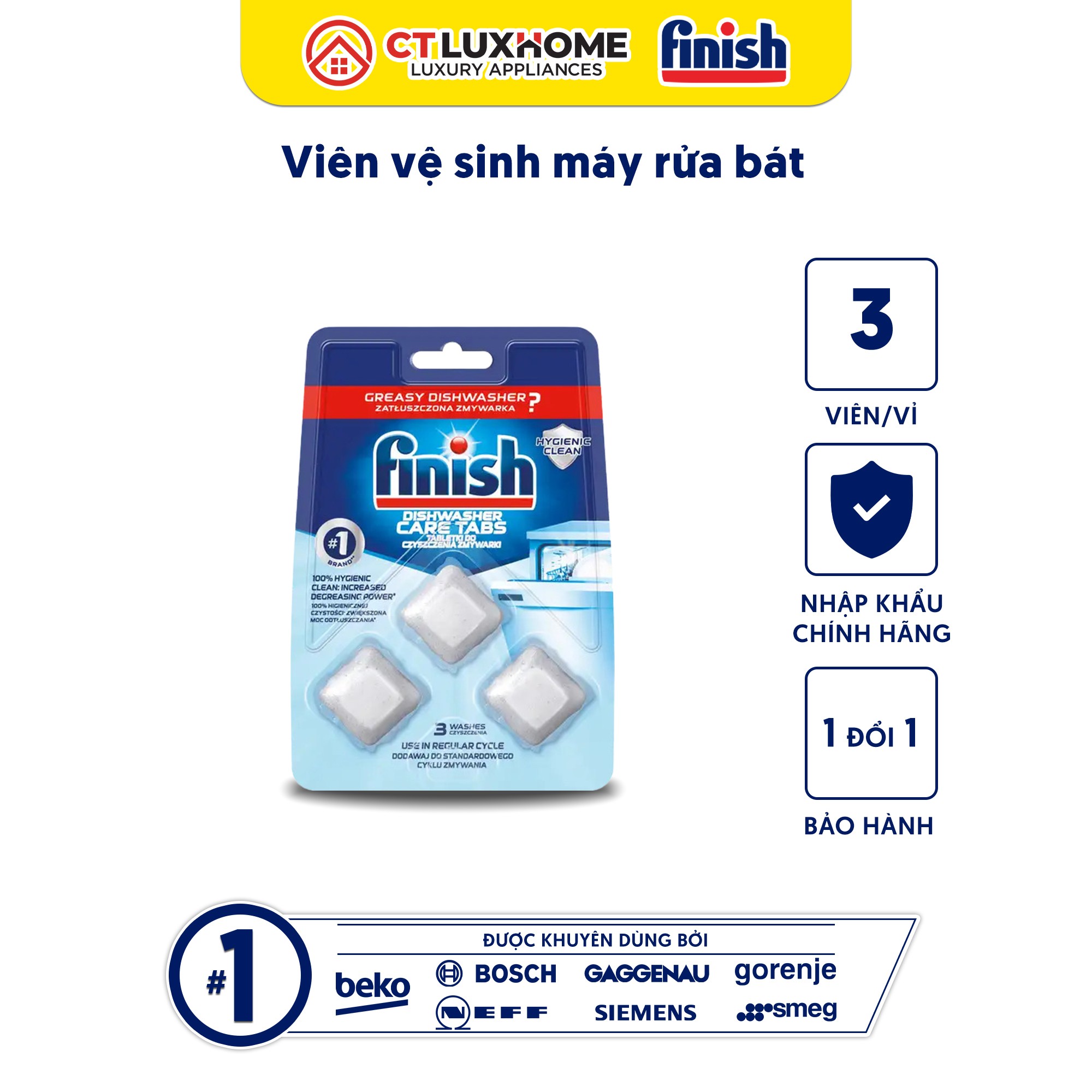 Viên vệ sinh khoang máy rửa bát Finish vỉ 3 viên