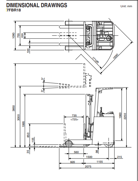 Bản vẽ kích thước và cấu tạo xe nâng điện đứng lái Toyota 7FBR18