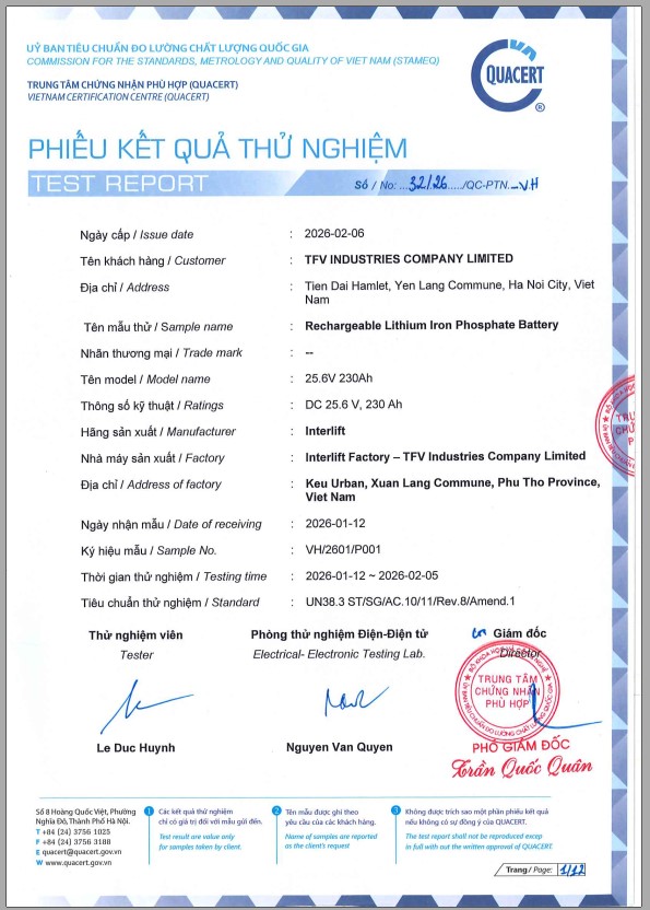 Pin Lithium Interlift đạt chứng chỉ UN38.3
