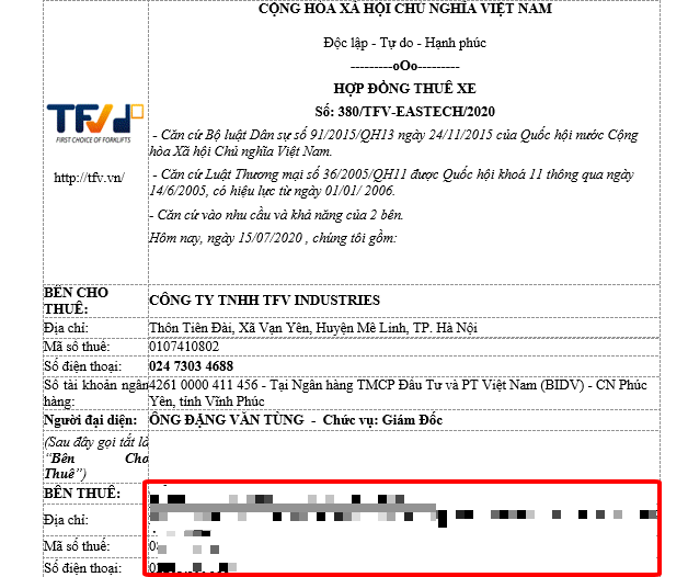Mẫu hợp đồng thuê xe của TFV