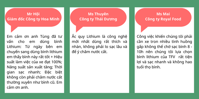 Một số đánh giá của khách hàng khi sử dụng pin lithium cho xe nâng điện tại TFV.