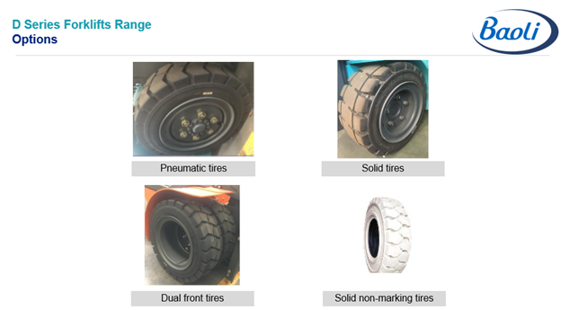 Bánh đặc (Solid Tire), bánh đôi trước, bánh không lưu dấu (Non-marking Tire).