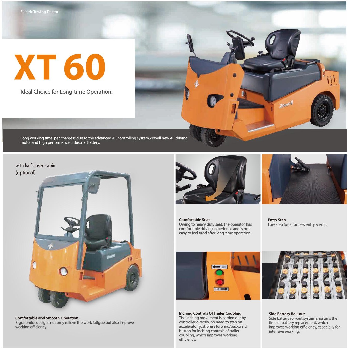 Xe đầu kéo điện 6 tấn, cabin kín hoàn toàn Model XTH60 hiệu Zowell