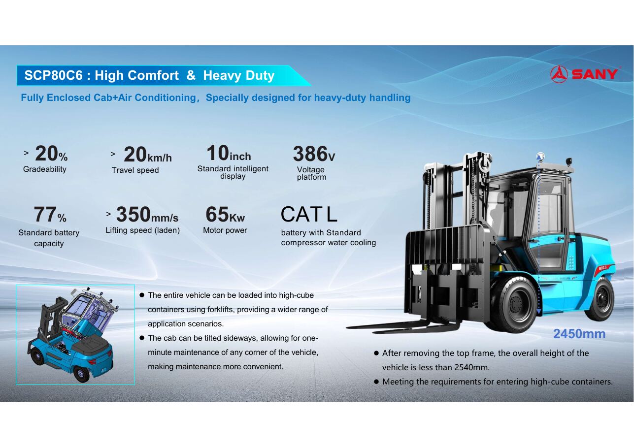 Hiệu suất và cabin kín xe nâng điện SANY SCP80C6