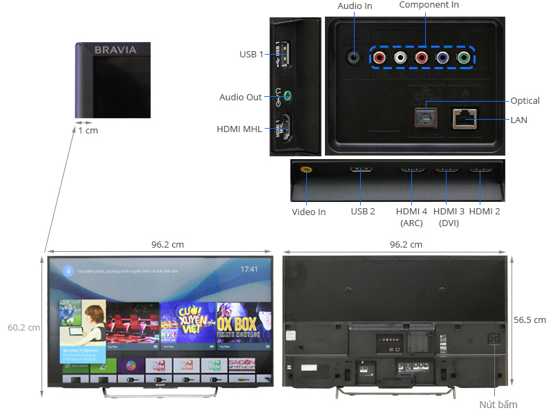 Thông số Internet Tivi LED 3D Sony KDL43W800C 43 inch