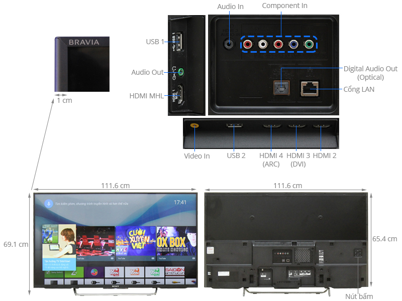 Thông số kỹ thuật Internet Tivi LED 3D Sony KDL50W800C - 50 inch