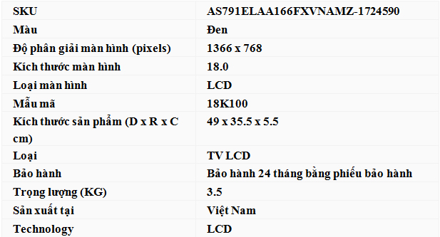 thông số kỹ thuật Tivi LCD Asanzo 18inch HD – Model 18K100US