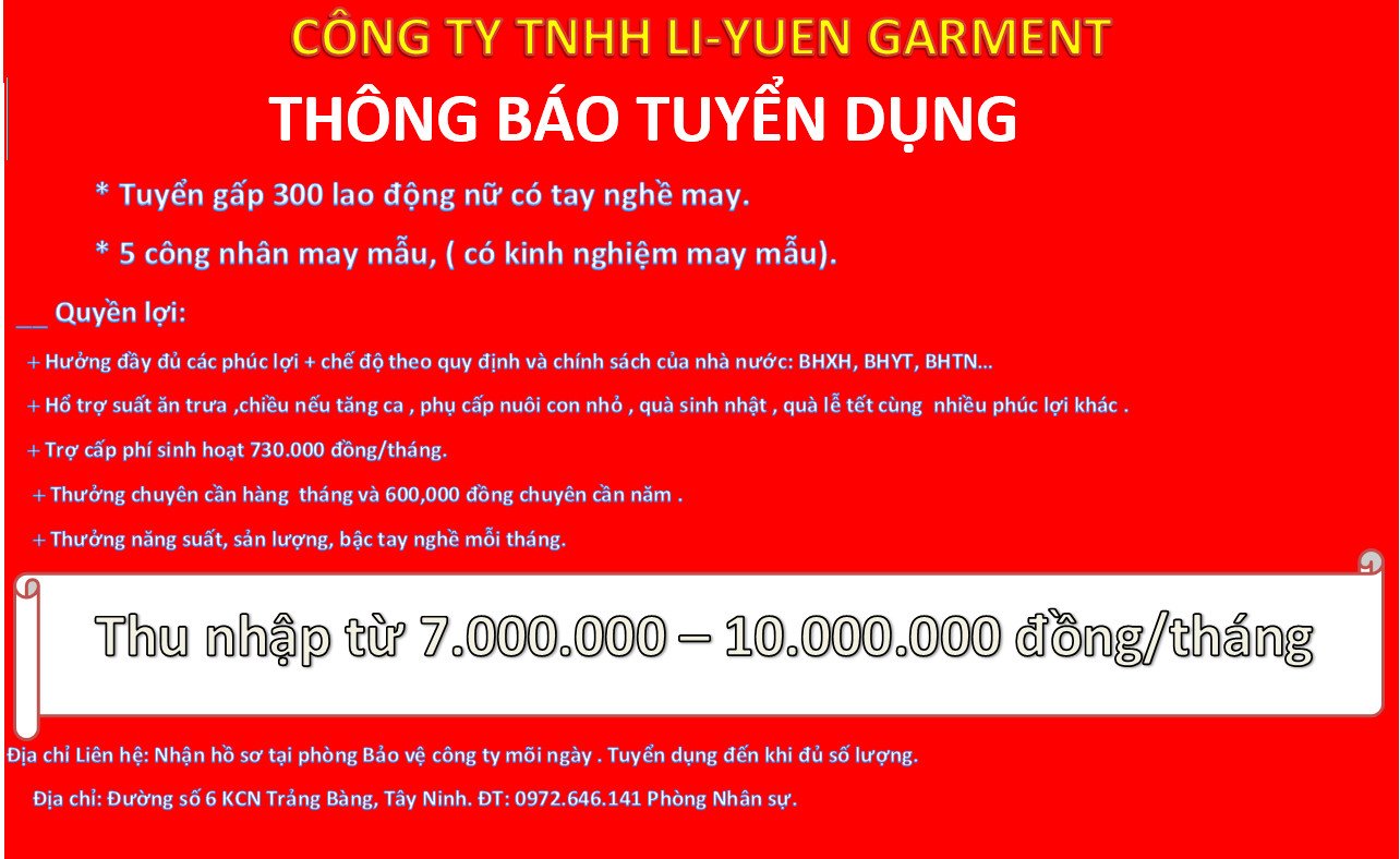 Công ty TNHH Li-Yuen Garment tuyển dụng