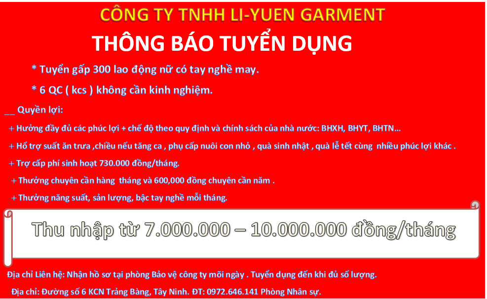 Công ty TNHH Li-Yuen Garment tuyển dụng