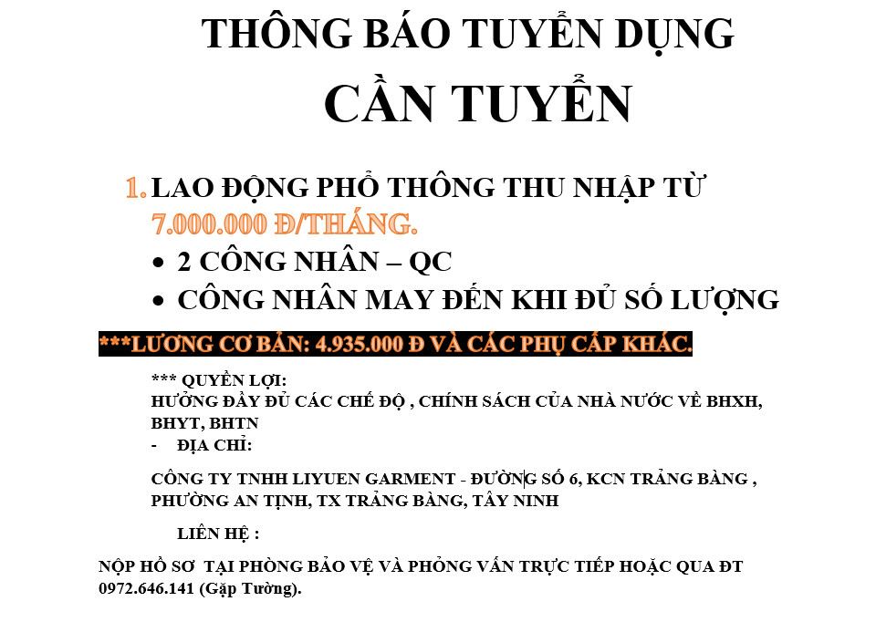 Công ty TNHH Li-Yuen Garment tuyển dụng