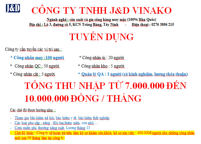 Công ty TNHH J&D Vinako tuyển dụng