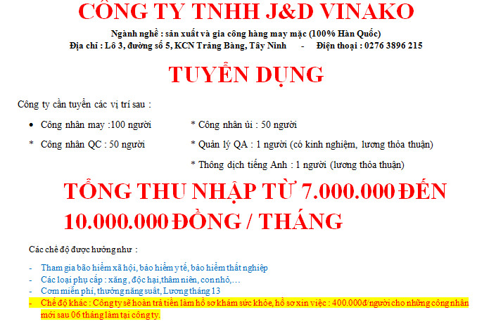 Công ty TNHH J&D Vinako tuyển dụng