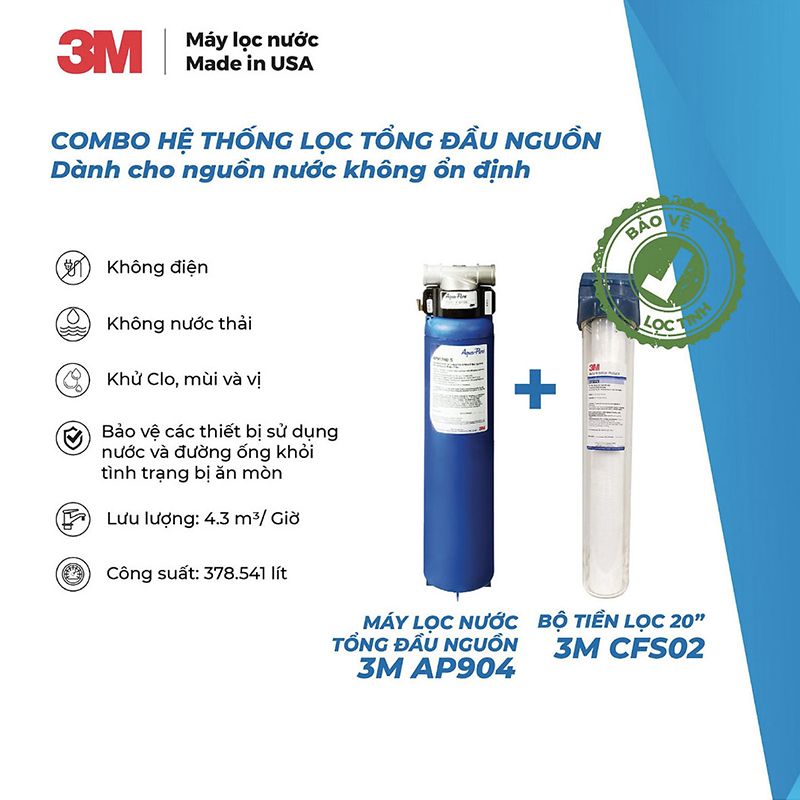 Combo Máy Lọc Nước Tổng Đầu Nguồn 3M AP904 + Tiền Lọc 20" 3M CFS02 (Không Gồm Lõi)
