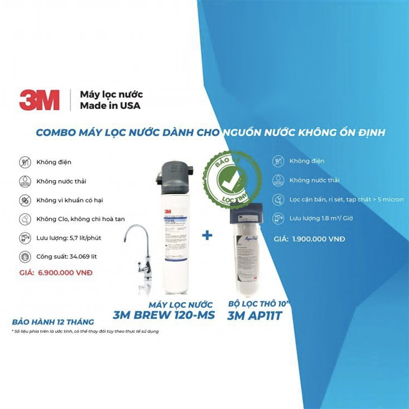 Combo Máy Lọc Nước Uống 3M BREW 120-MS + Vòi 3M + Lọc Thô 3M AP11T