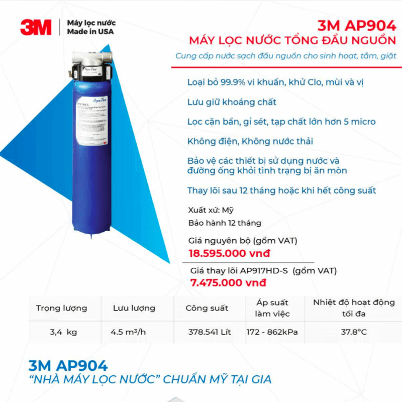 Combo Máy Lọc Nước Tổng Đầu Nguồn 3M AP904 + Tiền Lọc 20" 3M CFS02 (Không Gồm Lõi)