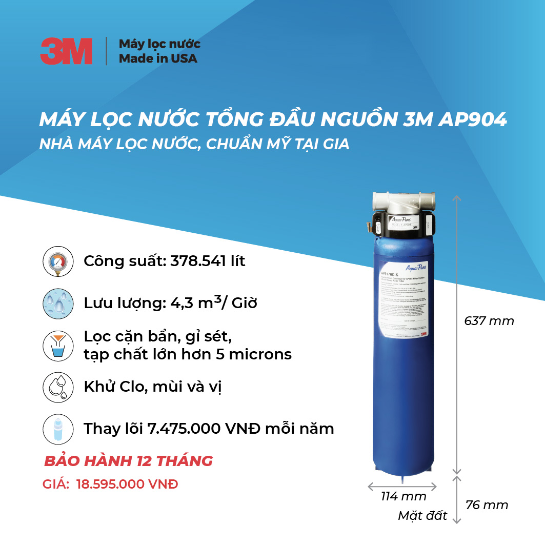 Combo Máy Lọc Nước Tổng Đầu Nguồn 3M AP904 + Tiền Lọc 20" 3M CFS02 (Không Gồm Lõi)