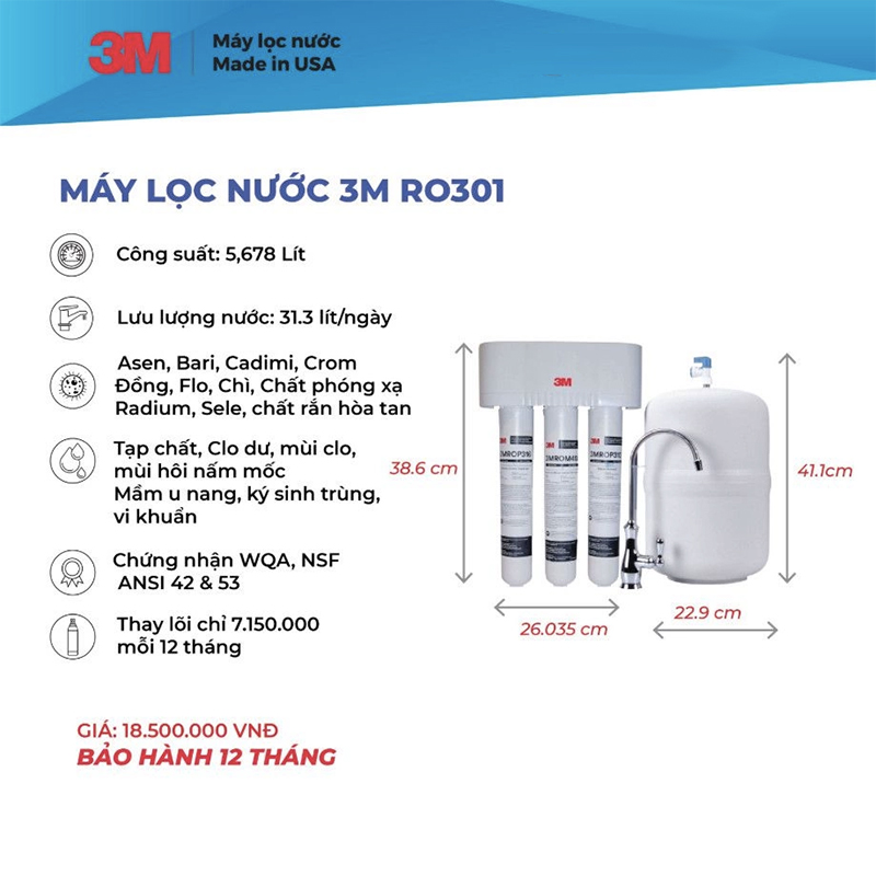 Máy Lọc Nước Uống 3M RO301 Lắp Dưới Bồn Rửa Không Dùng Điện