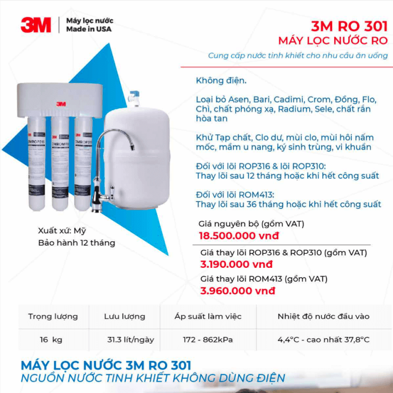 Máy Lọc Nước Uống 3M RO301 Lắp Dưới Bồn Rửa Không Dùng Điện