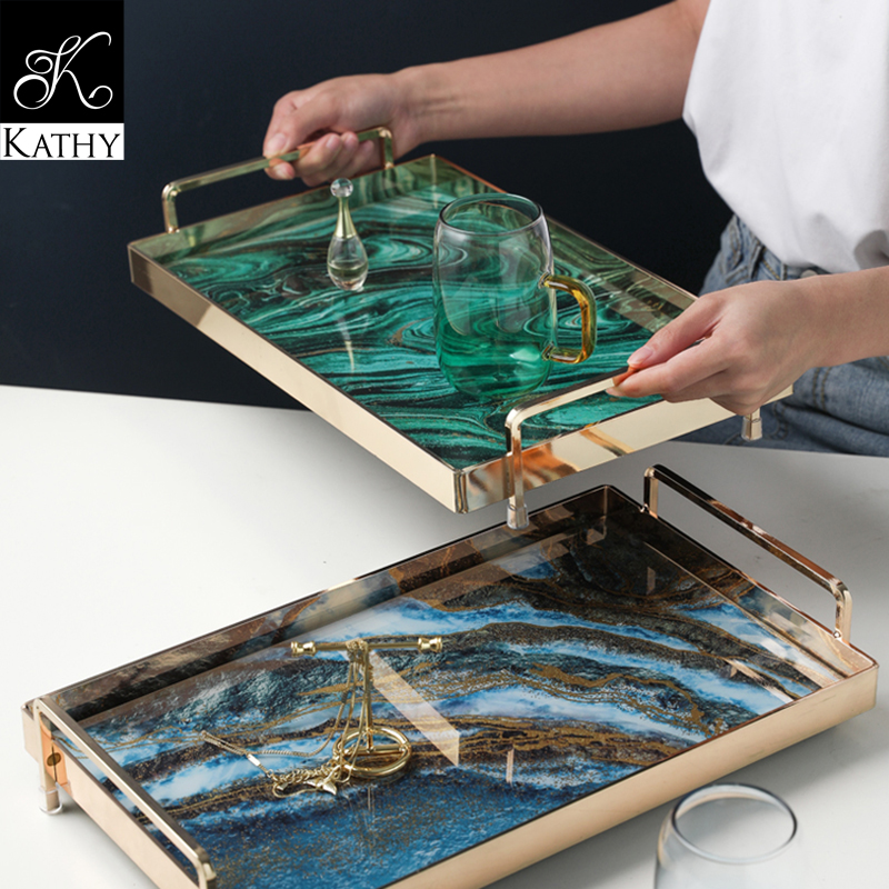 MARBLE TRAY Khay vân đá xanh lá viền vàng 6365XL