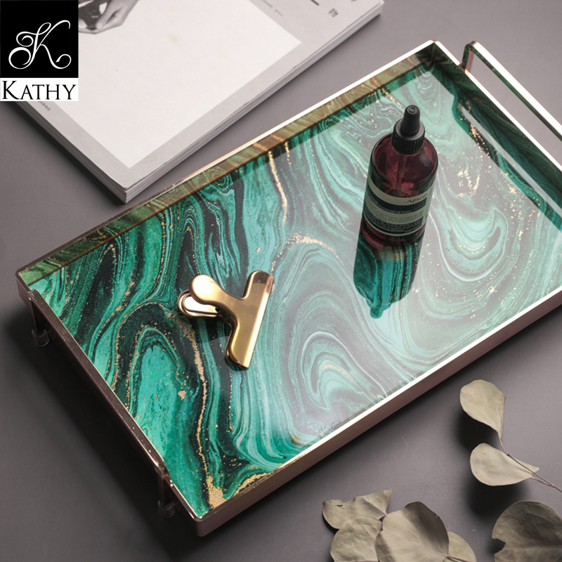 MARBLE TRAY Khay vân đá xanh lá viền vàng 6365XL