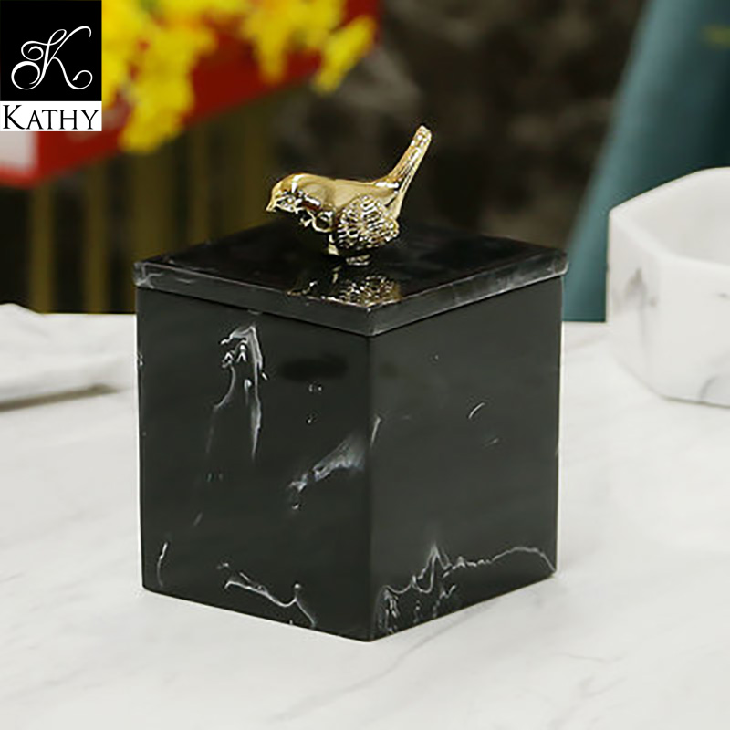 MARBLE Hũ vuông 2 ngăn đựng tăm bông màu đen 6377