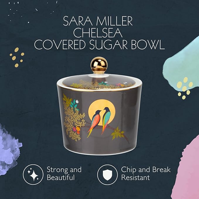 PM Sara Miller Chelsea Hũ mứt màu xám đen 324ml mạ vàng 22ct thương hiệu Portmerion Anh Quốc SMC78967-XG