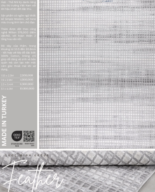 FEATHER Thảm Thổ Nhĩ Kì kẻ xám 1m6*2m3 6663C