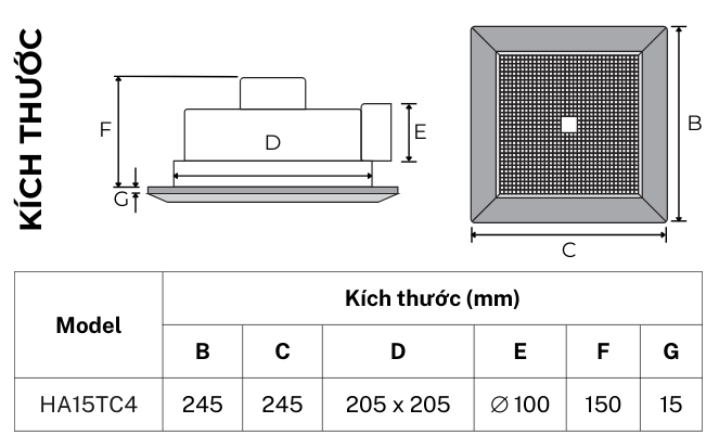 Bản vẽ kích thước quạt thông gió hút ngang TICO Luxury HA15TC4, mặt 245x245mm, lỗ trần 205x205mm, ống Ø100mm