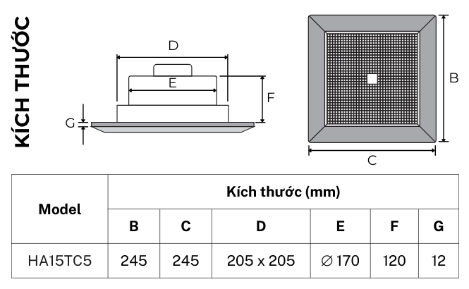 Bản vẽ kích thước quạt thông gió hút thẳng TICO Luxury HA15TC5, mặt 245x245mm, lỗ trần 205x205mm