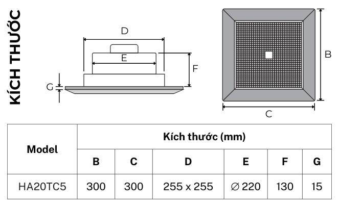 Bản vẽ kích thước quạt thông gió hút thẳng TICO Luxury HA20TC5, mặt 300x300mm, lỗ trần 255x255mm