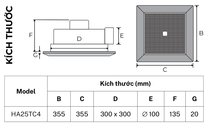 Bản vẽ kích thước quạt thông gió hút ngang TICO Luxury HA25TC4, mặt 355x355mm, lỗ trần 300x300mm, ống Ø100mm