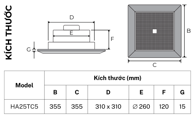 Bản vẽ kích thước quạt thông gió hút thẳng TICO Luxury HA25TC5, mặt 355x355mm, lỗ trần 310x310mm