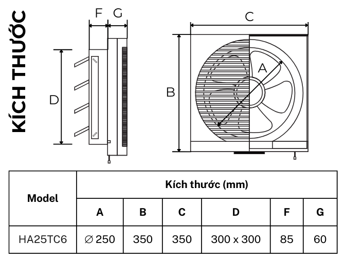 Bản vẽ kích thước quạt thông gió gắn tường TICO Luxury HA25TC6, mặt 350x350mm, lỗ tường 300x300mm