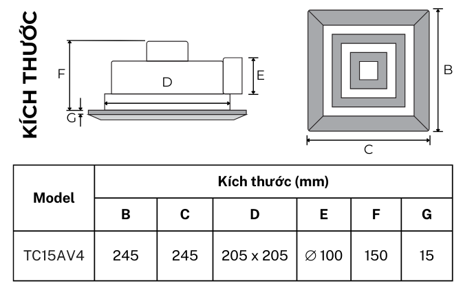 Bản vẽ kích thước quạt thông gió hút ngang âm trần TICO TC15AV4, lỗ trần 205x205mm, mặt 245x245mm