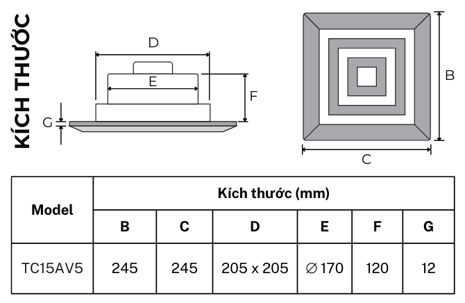 Bản vẽ kích thước quạt thông gió hút thẳng âm trần TICO TC15AV5, lỗ trần 205x205mm, mặt 245x245mm, thân cao 120mm