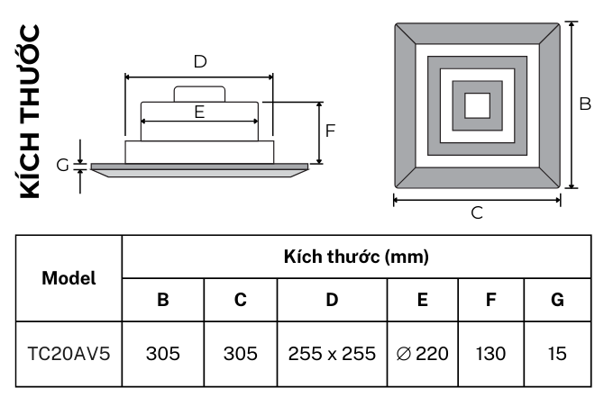 Bản vẽ kích thước quạt thông gió hút thẳng âm trần TICO TC20AV5, lỗ trần 255x255mm, mặt 300x300mm, thân cao 130mm
