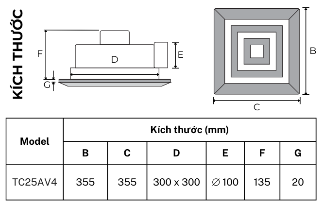 Bản vẽ kích thước quạt thông gió hút ngang âm trần TICO TC25AV4, lỗ trần 310x310mm, mặt 355x355mm